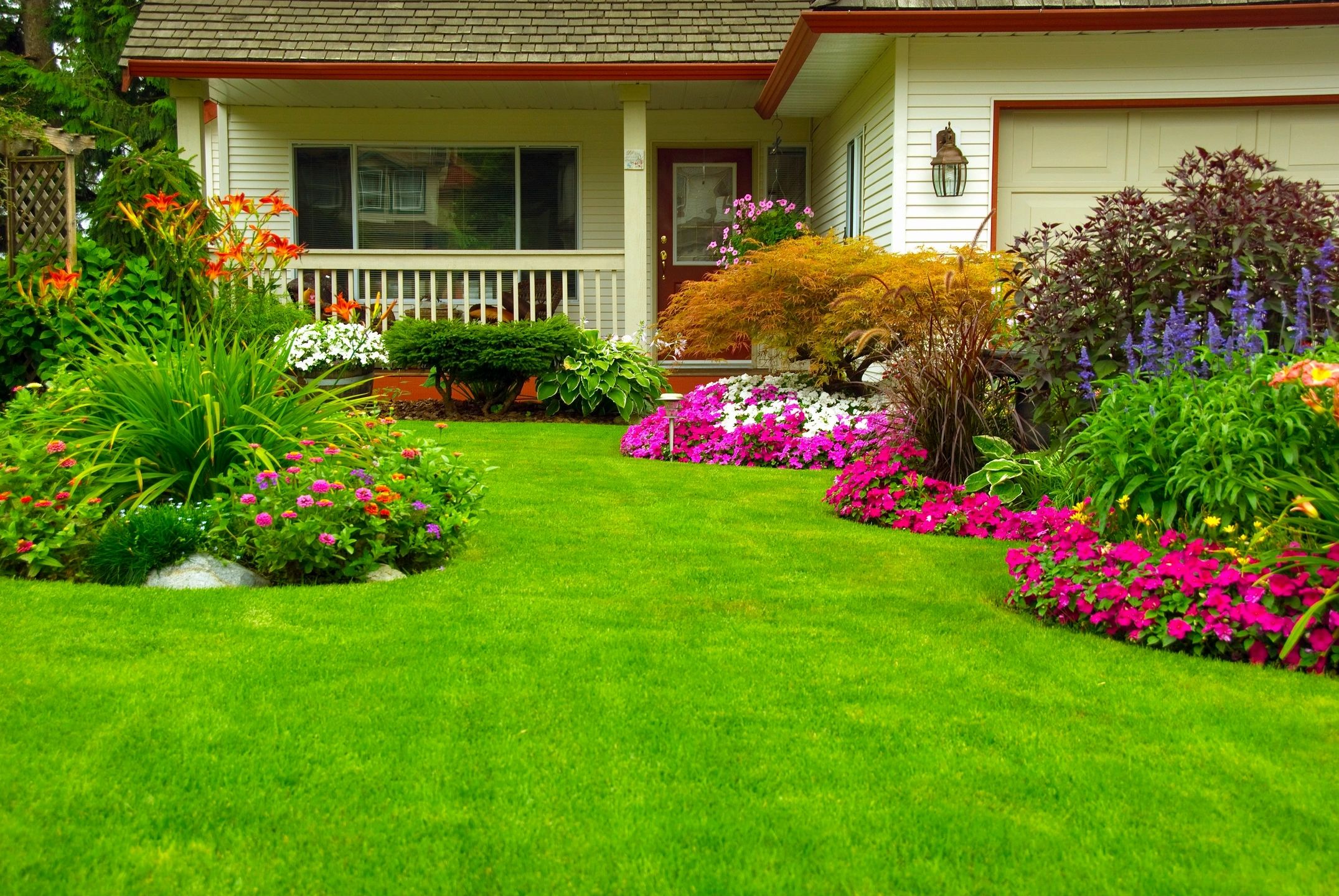 Beautiful residential landscape with flowers